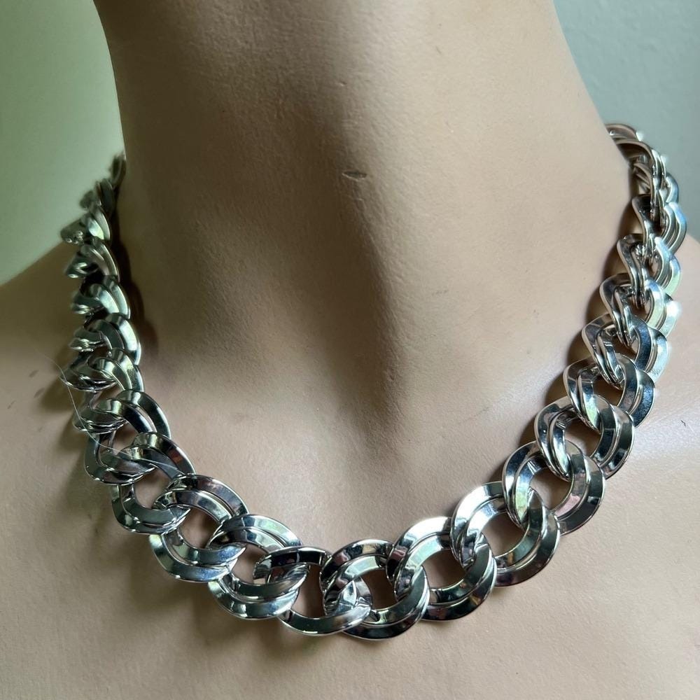 Vtg Silver Tone Chunky Double Link Chain Necklace 17-19" Mobwife Statement 90s
